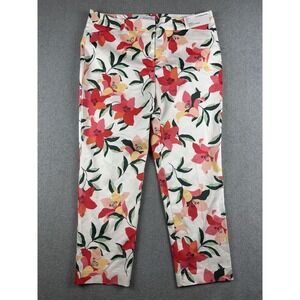 Liz Claiborne Emma Pants Womens 14 White Floral Slim Leg Ankle Mid Rise Stretch